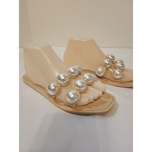 Asos Sz 7 Clear Jelly Slip On Flip Flops Flats Slides Pink Pearls - Picture 2 of 10